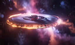 a very bright, colorful ship is flying through the air
