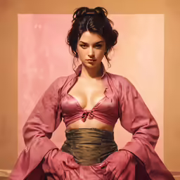 a painting of a woman in pink with her hands behind her back