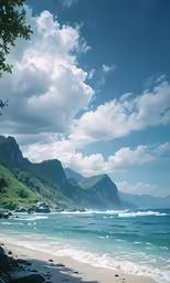 a sandy beach with very little waves and trees