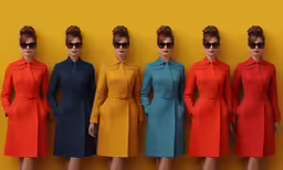 five women dressed in bright colored clothing standing in line