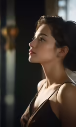 a woman in an all black dress and her side to the camera