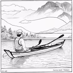the canoer is sitting in the water by the mountains