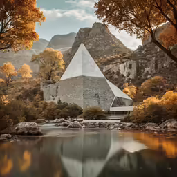 a mountain with a building beside a body of water and trees
