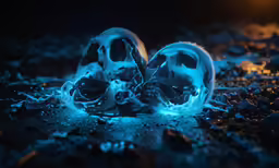 a dark blue background with two white skulls on one side