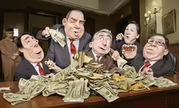 a group of people are sitting around the table covered in bills