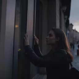 a woman wearing black jacket holding the door to her store
