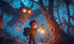 a boy holding an owl lantern and another creature behind him