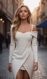 a woman wearing a dress with a split leg
