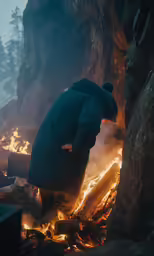 a man cooking on a campfire in a park