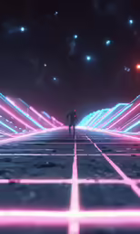 a person stands in a long line of neon lights