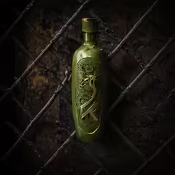 an image of a green bottle hanging on a fence