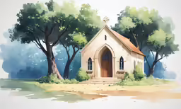an artistic painted painting of a church and trees
