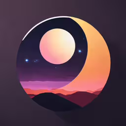the night sky has mountains and stars in it,the sky has two bright circles with stars