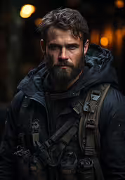 a man with dark beard and black jacket and harness,a man wearing overalls looking forward at the camera