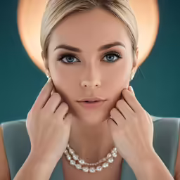 a girl with a pearls necklace, and pearl ring
