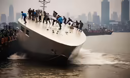 a group of people stand on top of a ship in the water