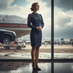 a woman in a business suit standing next to an airport