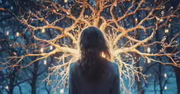 a woman standing in front of a tree that has fireflies in it