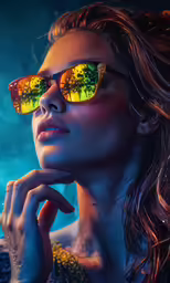 a woman in sunglasses with her hand on the chin looking up