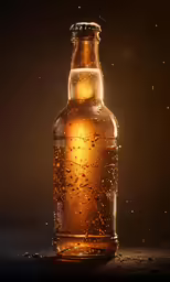 a glass bottle filled with soda on top of a wooden table