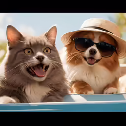 a cat and dog are sitting on the roof of a car