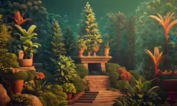 a garden area with steps and plants by a wall