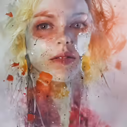 a lady covered in orange, yellow and gray ink