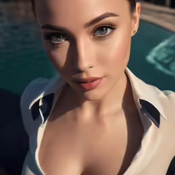 a woman posing for a photo in front of a pool
