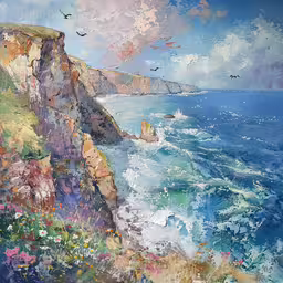 an image of a painting with some water,a painting of waves crashing into the shore next to a cliff