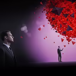 man standing under red and black heart shaped decorations