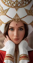 a woman dressed in a white and gold outfit, with her hands on her face