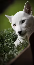 a white cat with yellow eyes in green bushes
