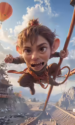 a young child is flying with a stick