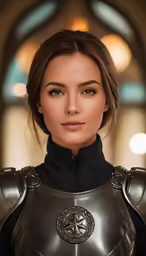 a woman wearing armor and a coat with badges