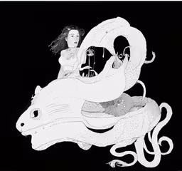 two people sitting on top of an octopus,a drawing of two women riding a car