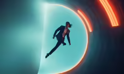 the man is in the air above the neon light