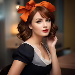 the beautiful red haired woman is posing in her office