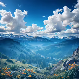 a wide valley in the mountains with orange flowers