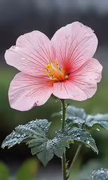 pink flower on wet leaves in the rain