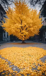 a tree with yellow leaves on the ground