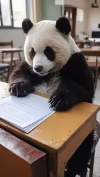 the panda bear is sitting at a table writing a note
