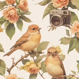 there is a bird and two birds perched on the branch with flowers