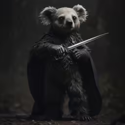 an adorable little bear with a sword in his hand
