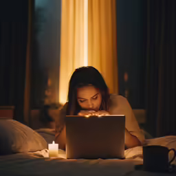 woman in bed using laptop with candles next to her