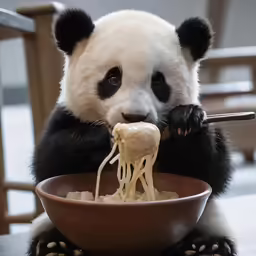 the panda is eating her dinner out of the bowl