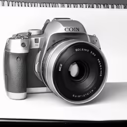 a silver camera with an external flash and a lens hood on
