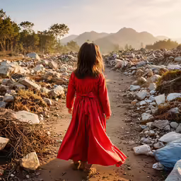 a woman in a red dress is walking on a dirt path through the rocks