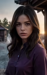 an attractive young woman with long hair wearing a purple shirt