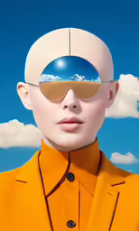 the young woman wearing sunglasses has blue sky and clouds reflected in her eyes