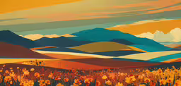 a large painting of colorful fields and mountains,a painting that has a field of flowers